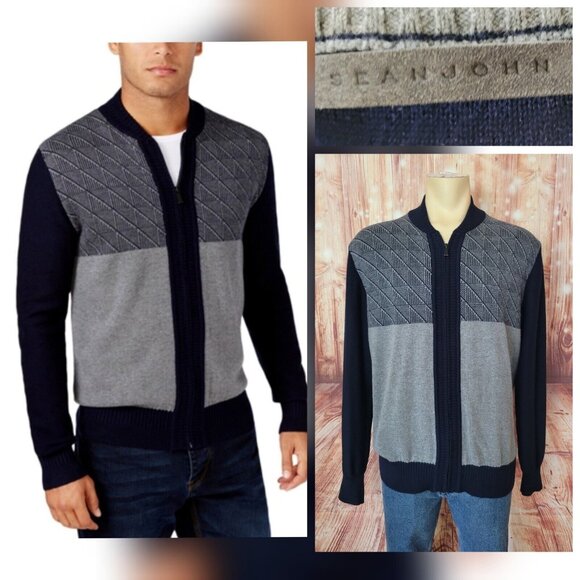 Sean John Other - Sean John Men Sweater Full Zip Cardigan Navy Blue Gray Long Sleeve Size L